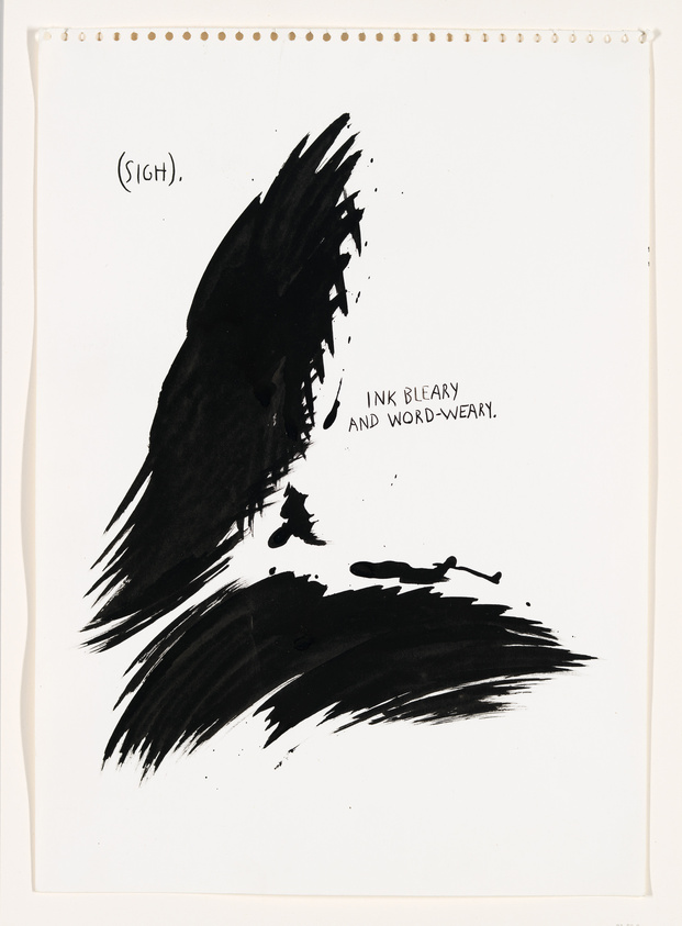 A piece of artwork featuring expressive black ink brushstrokes on a white background. At the top left, the word "(SIGH)" is written in small letters, and towards the bottom right, the phrase "INK BLEARY AND WORD-WEARY" is written, suggesting a theme of frustration or exhaustion with the creative process. The overall composition is abstract, with a sense of movement conveyed by the bold, sweeping lines of ink.