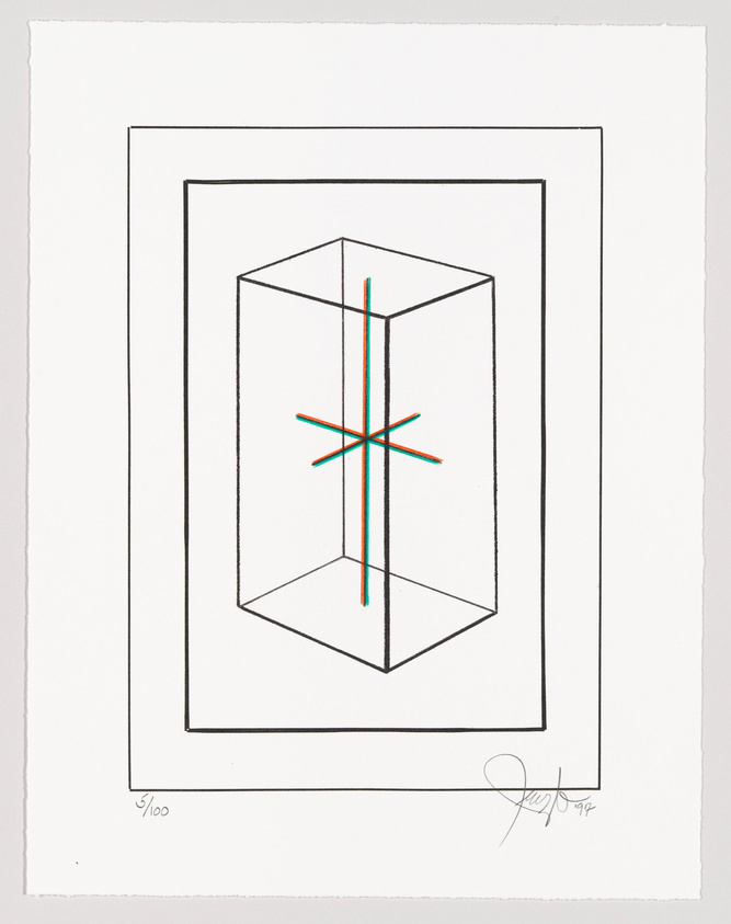 A framed geometric artwork featuring a three-dimensional box with intersecting colored lines in the center, surrounded by a double-lined border. The piece is numbered and signed by the artist in the lower margin.