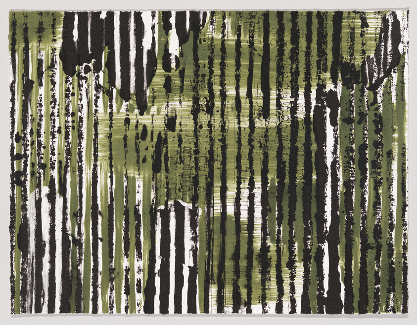 Abstract artwork featuring vertical black streaks and blotches over a textured green background, resembling a stylized interpretation of a forest or rain streaks on a window.