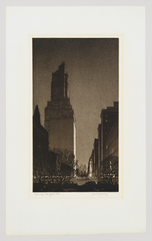 An etching depicting a stark, high-contrast street scene at night with silhouetted buildings and bare trees, signed and dated by the artist in the lower margin.