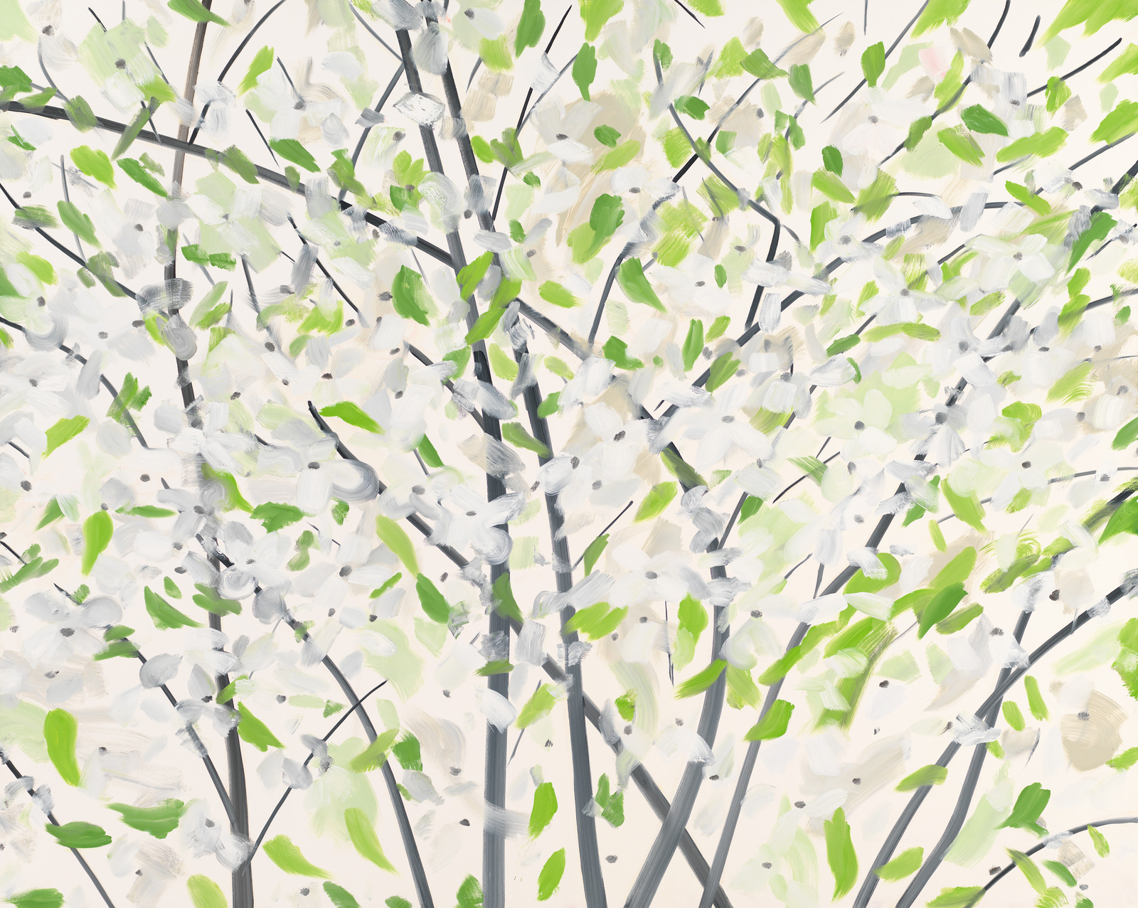 A digital painting of an abstract floral scene with white blossoms and green leaves interspersed on gray branches against a light background. The brushstrokes are loose and impressionistic, creating a sense of a blooming tree in spring.