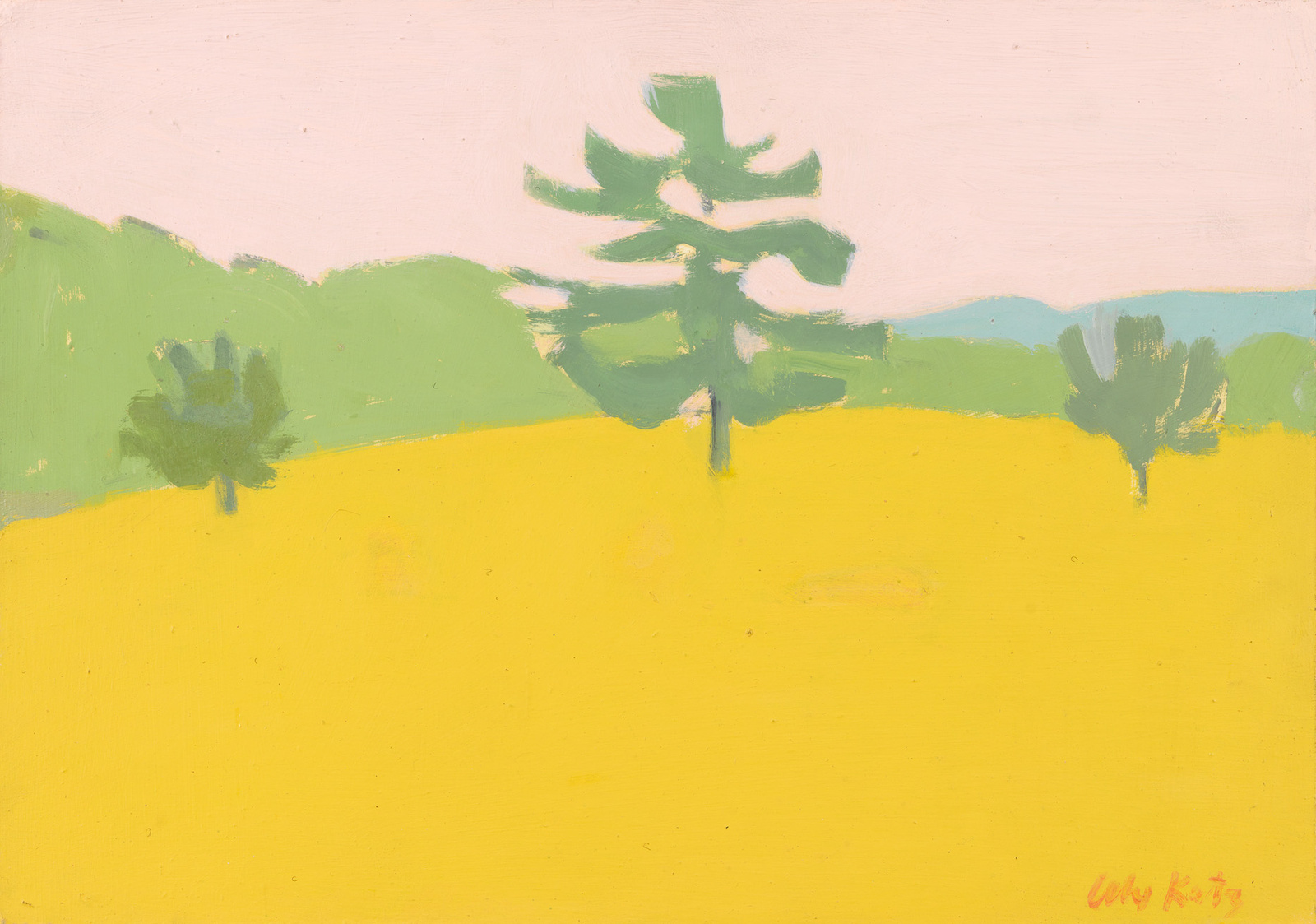 A minimalist landscape painting featuring a large yellow field in the foreground with three abstract green trees, under a pale pink sky. The artist's signature is visible in the lower right corner.