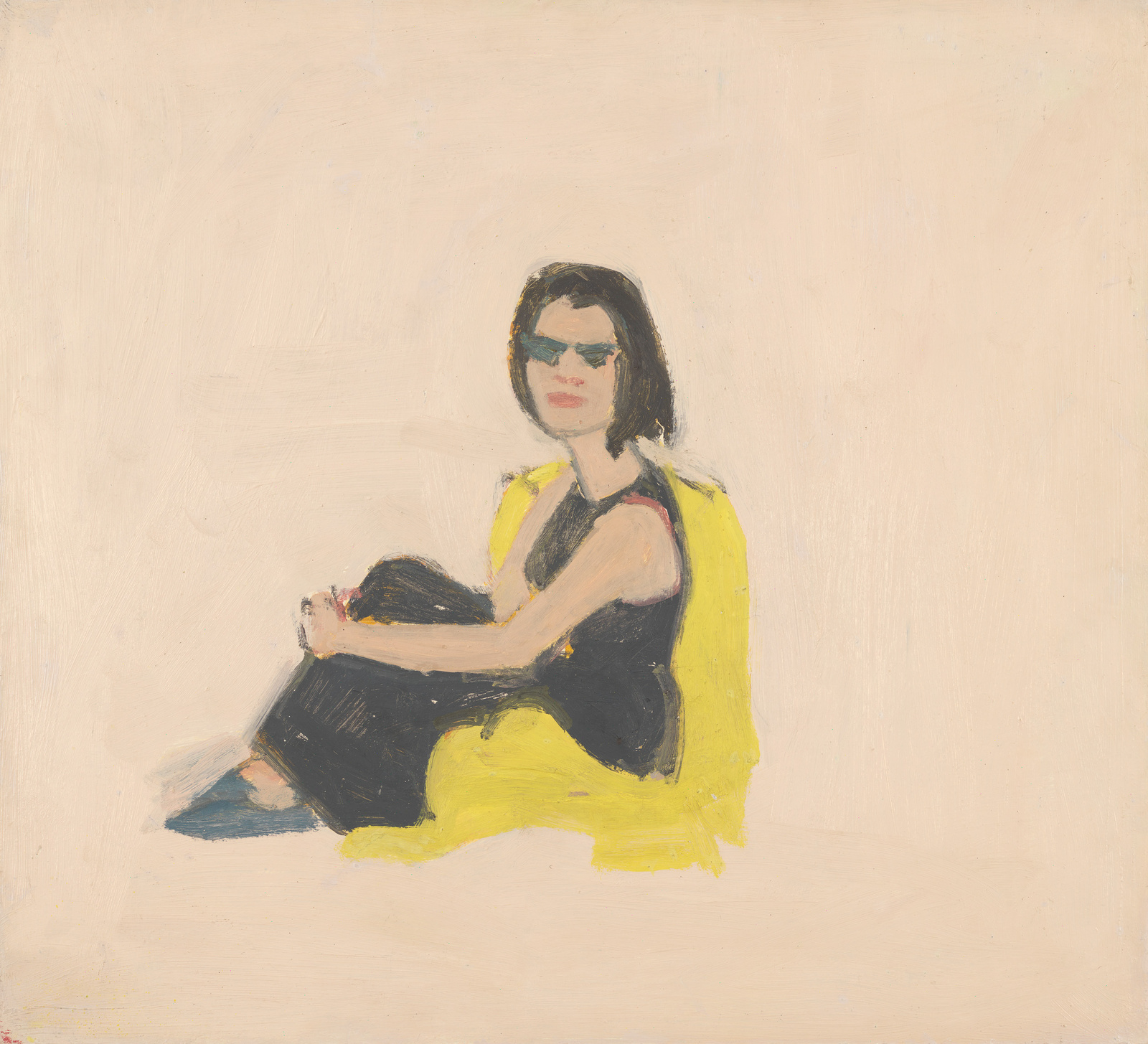 A painting of a seated person with dark hair wearing sunglasses and a yellow top. The background is minimalistic and painted in a light color, focusing the viewer's attention on the figure. The style is expressive with visible brush strokes.