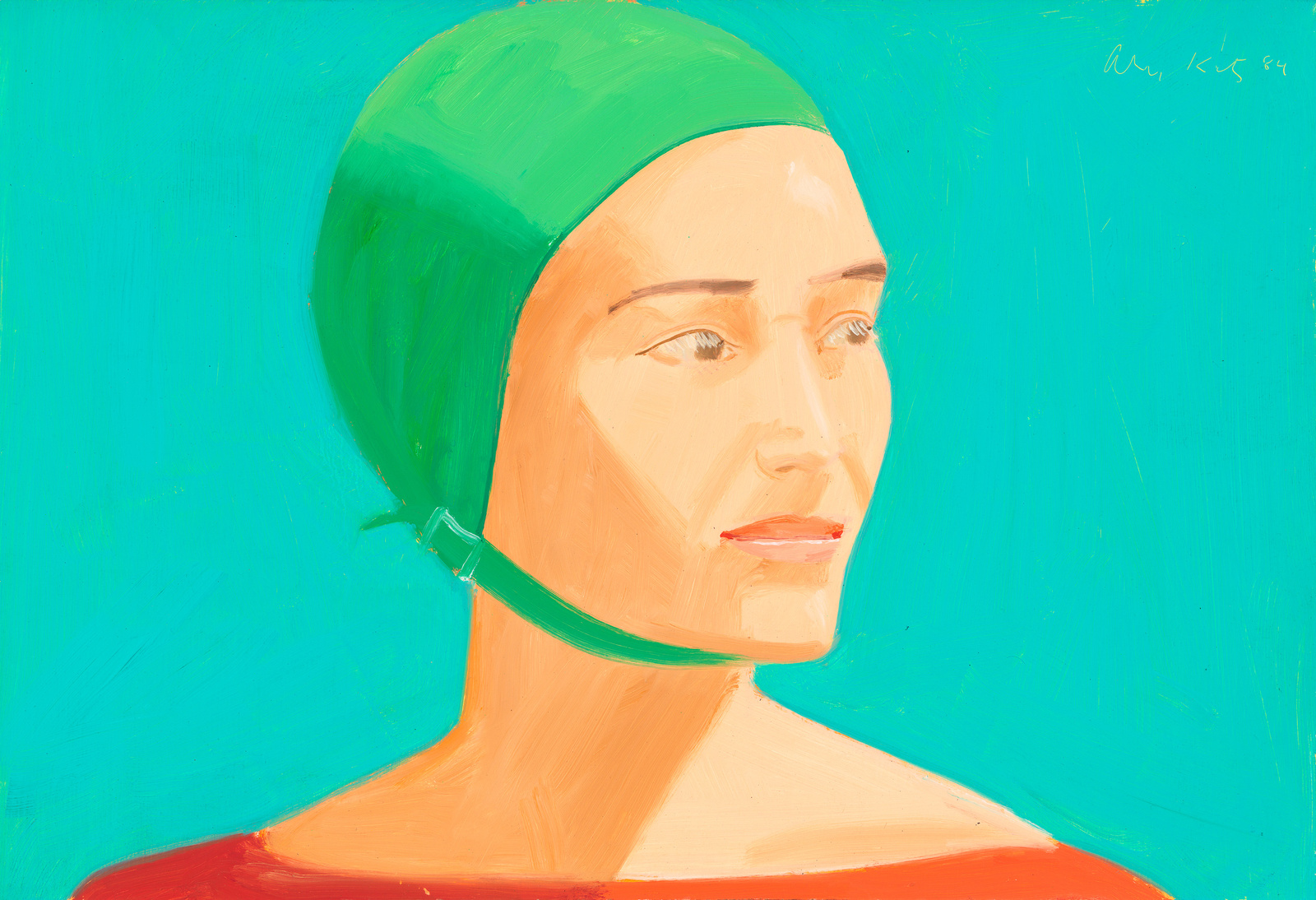 A vibrant painting of a woman's profile with a green swim cap against a turquoise background, signed and dated in the upper right corner.