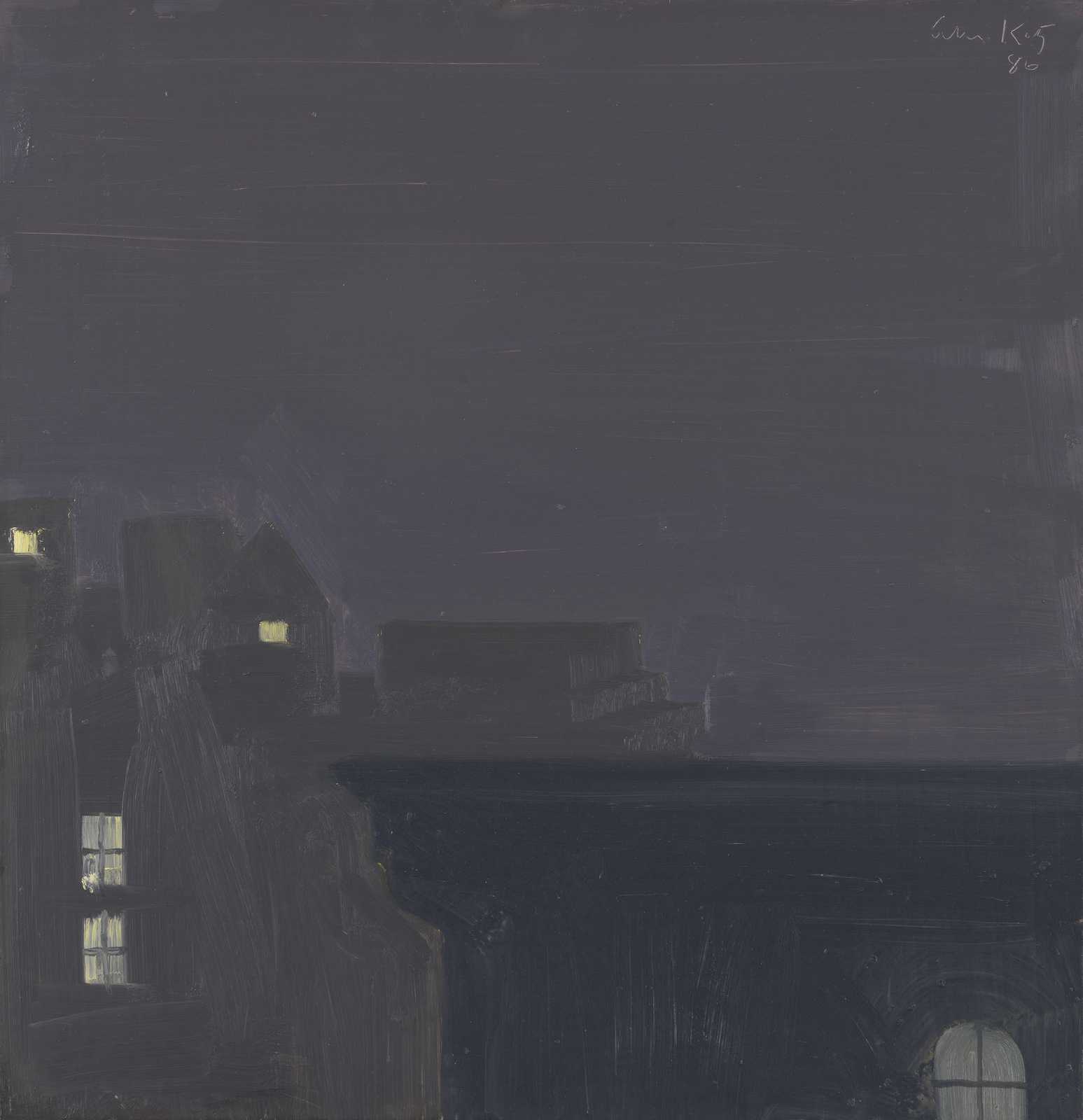 A dark, moody painting depicting a nighttime scene with silhouettes of houses and buildings, some with dimly lit windows, against a deep blue and purple sky. The brushstrokes are visible, adding texture to the image, and there's a signature in the upper right corner with the year '95.