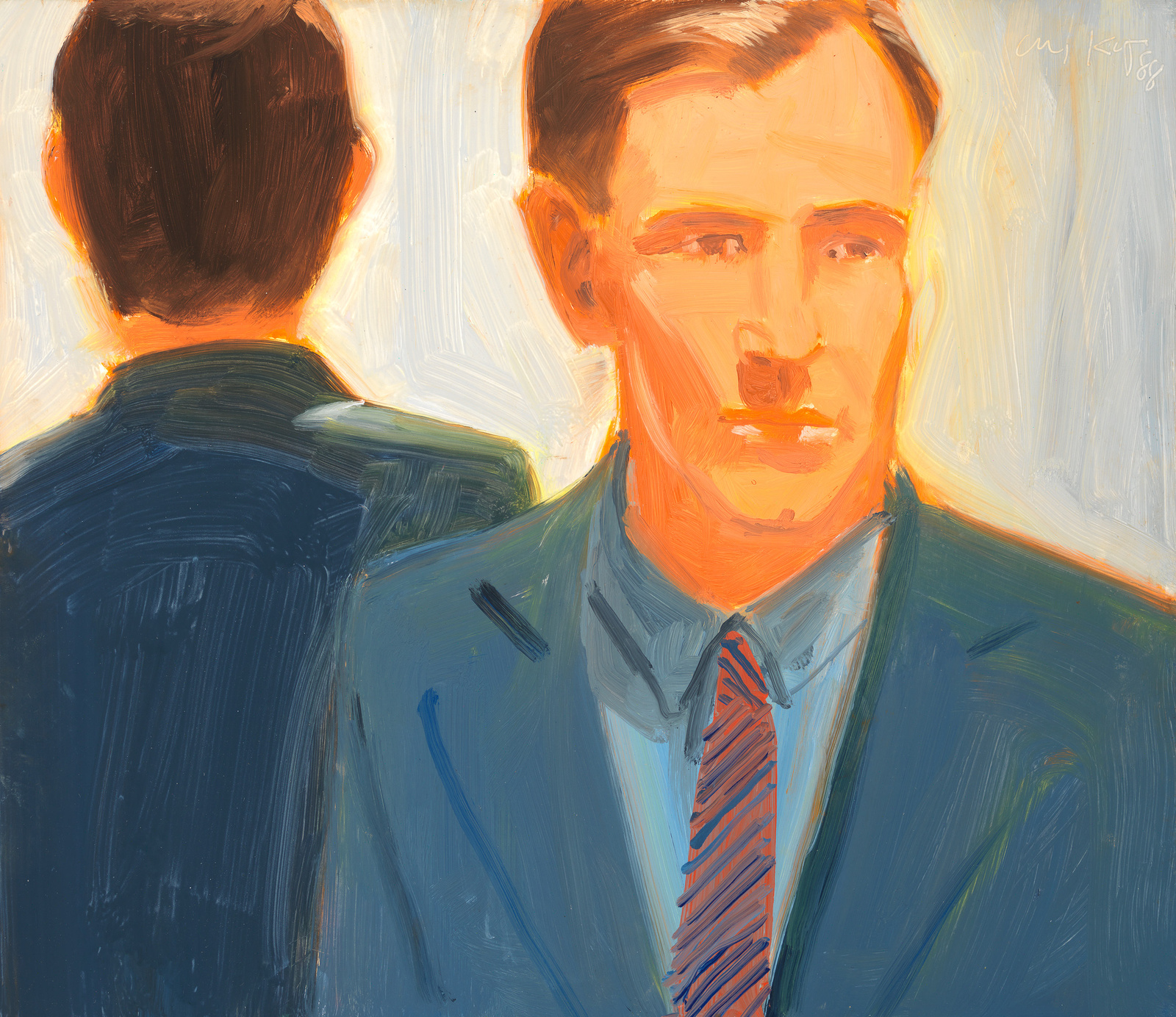 An expressive oil painting depicting a man in a suit with a striped tie, facing forward with a serious expression. The background and his features are rendered with broad, visible brushstrokes in a warm palette, and there is a reflection or shadow of his profile on the left side. The artist's signature is visible in the top right corner.