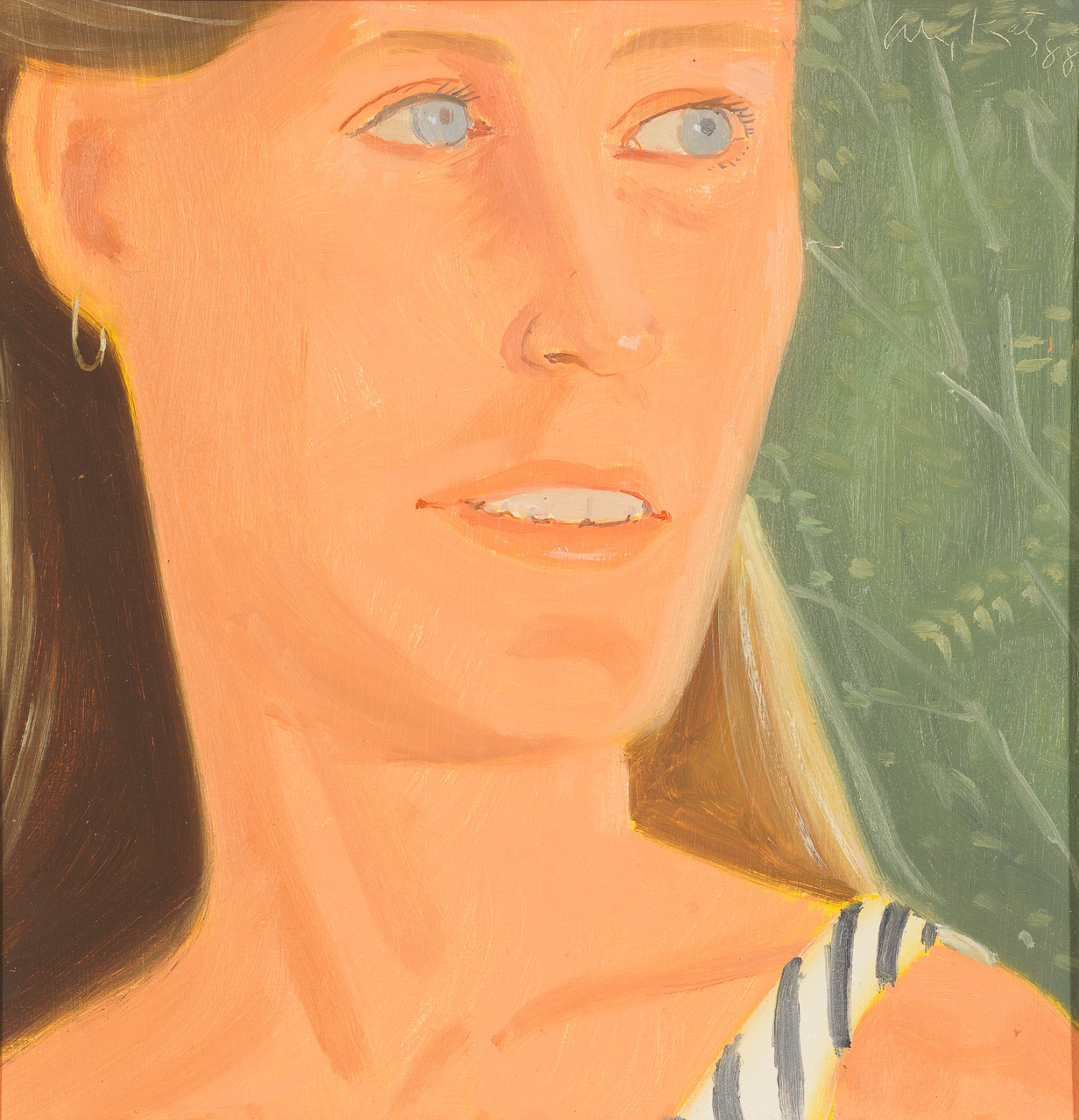 A painting of a woman with fair skin and blue eyes looking slightly to the side. She has long brown hair, wears a striped top, and a simple earring. The background suggests green foliage. The style of the painting is somewhat abstract with visible brush strokes and a focus on warm tones.