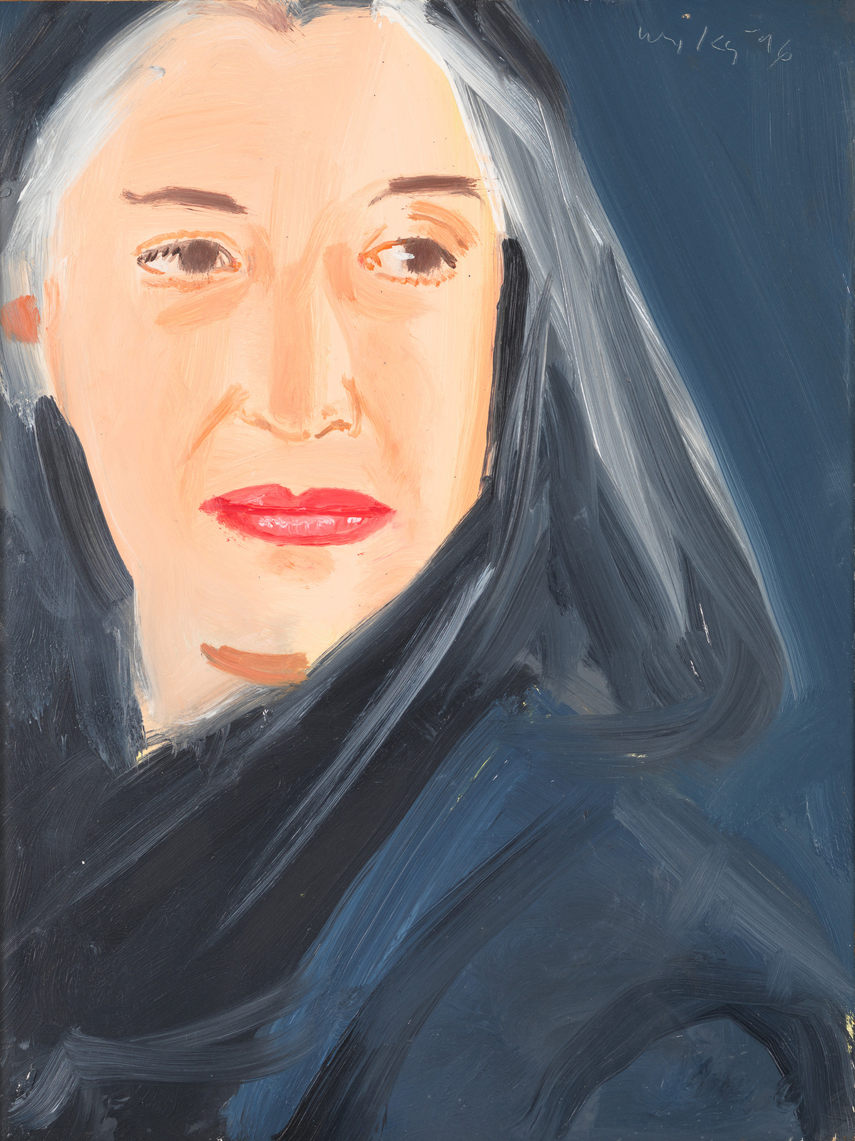 A painting of a woman with a solemn expression, featuring prominent red lips, a pale complexion, and dark hair draped over her shoulders. The brushstrokes are visible and the artwork has a textured appearance.