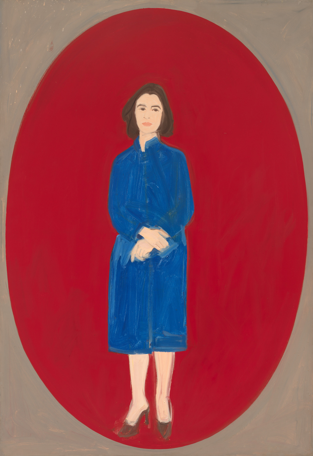 A painting of a woman standing in front of a large red oval background. She is wearing a blue coat and skirt with black shoes, and her hands are clasped in front of her. The style is simplistic with broad brushstrokes and a limited color palette.