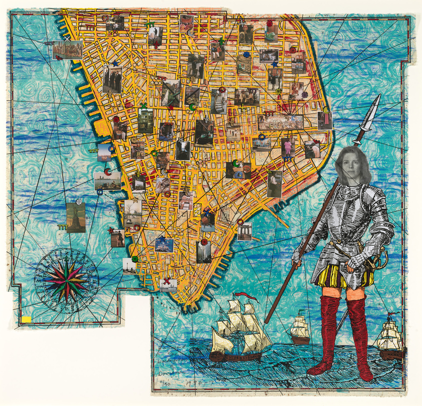 A colorful and intricate artwork featuring a stylized, historical map with a blue ocean background and yellow streets. Overlaid on the map are various small images that appear to be photographs or illustrations of people and objects. Dominating the right side of the image is a large figure of a person in a suit of armor, with a drawn sword and a superimposed, more modern-looking face. Ships are illustrated on the ocean, and a compass rose is visible in the lower left corner. The piece has a mixed-media collage feel and is numbered at the bottom as part of a limited series.