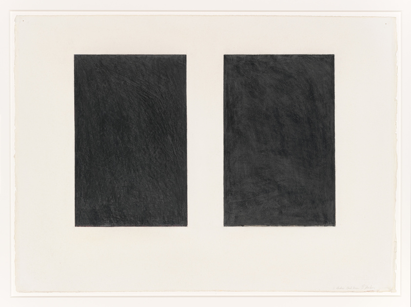 A minimalist artwork featuring two vertical black rectangles on a white background, with visible texture within the black areas suggesting a hand-drawn medium. The paper has rough edges and there's a signature at the bottom right corner.