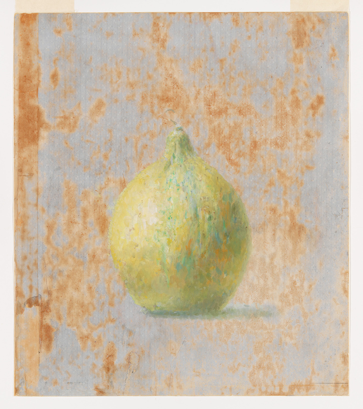 A painting of a single yellow-green lemon with a textured surface, set against a mottled blue and brown background that suggests age or antiquity. The lemon casts a soft shadow beneath it, and the artwork has a rough, unfinished border with visible paper edges.