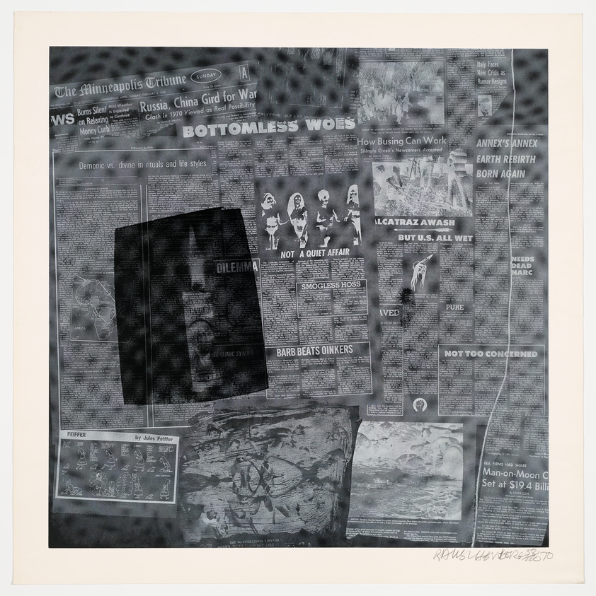 A collage of various newspaper clippings with headlines and articles, some of which are obscured by dark overlays. The clippings feature a mix of topics, including political issues and comic strips. The overall tone is monochromatic, and there is a signature at the bottom right corner.