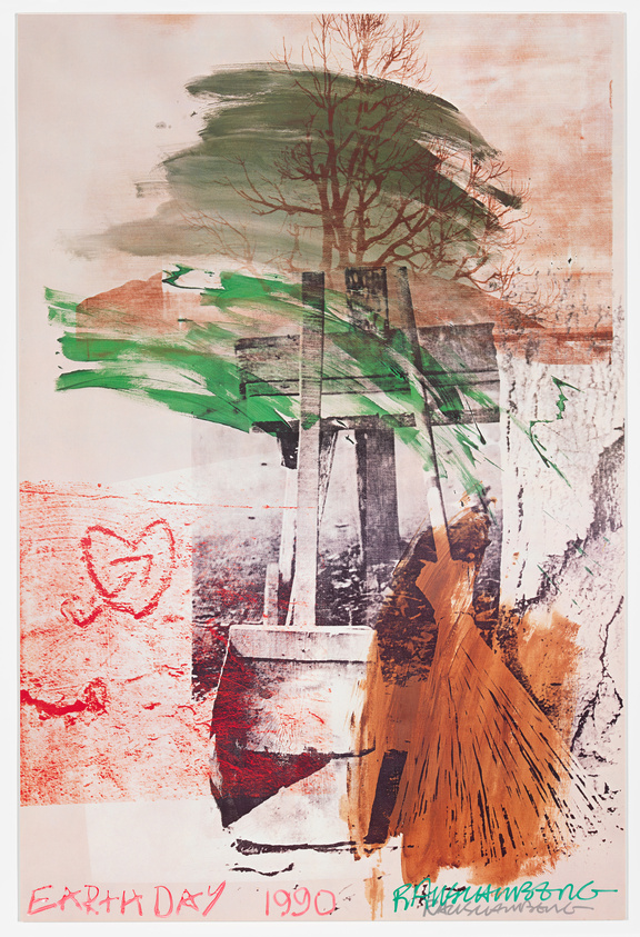 This image features a colorful mixed-media artwork with abstract and representational elements. A tree with red branches is depicted against a swirling green and beige background, suggesting a canopy of leaves. Below, a paintbrush and a broom are superimposed over textured strokes of paint. On the left, a red heart is drawn over a patch of red texture. The words "EARTH DAY 1990" and a signature are written at the bottom, indicating the theme and authorship of the piece.