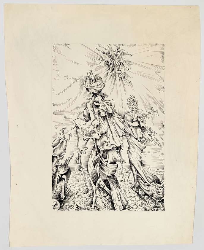 Illustration of three ornately dressed figures, possibly from a fantasy or historical setting, with a radiant burst of light and a bird-like creature emerging from the center behind them. The central figure is wearing a large, elaborate headdress and a cloak, while the figure to the right appears to be female with flowing garments, and the one to the left is slightly obscured and smaller in stature. The style is reminiscent of pen-and-ink drawings with detailed line work and shading.