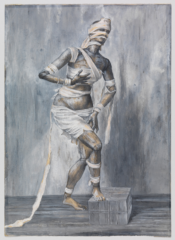A painting depicting a figure wrapped in bandages in a dynamic pose, reminiscent of a mummy, with one foot on a stone pedestal against a textured grey background.