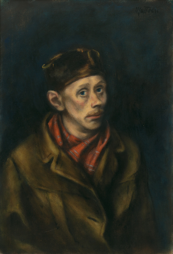Oil painting of a young man wearing a cap and a brown coat with a red checkered scarf. The background is dark, and the man has a contemplative expression with his eyes looking slightly to the side. The artist's signature is visible in the upper right corner.