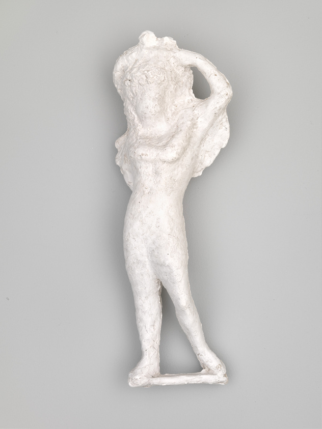 A white, textured sculpture of a female figure in a standing pose with one hand raised to her head, displayed against a grey background.