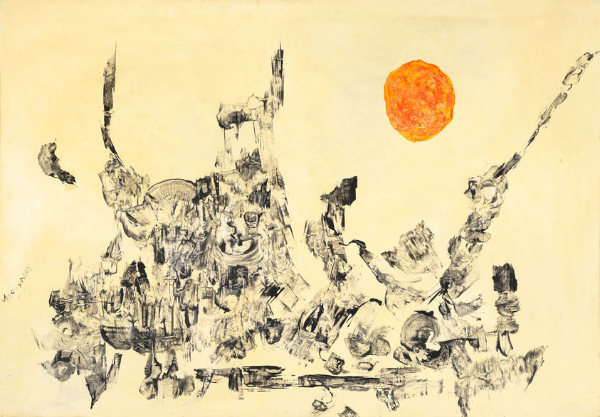 An abstract painting with a textured beige background featuring chaotic black brushstrokes that form a vague, city-like silhouette with a bright orange, textured circle resembling the sun in the upper right corner. The artwork has a sense of movement and energy, with the brushstrokes creating a reflection effect on the lower half of the canvas.