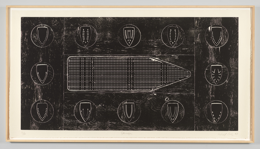 Graphic print with a large central arrow surrounded by shield-like symbols on a dark background, signed and dated by the artist.