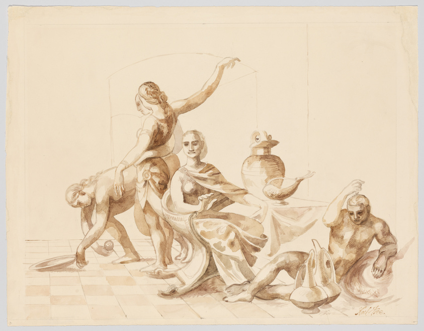 A sepia-toned sketch depicts a group of classical figures in various poses, with a strong Greco-Roman influence. On the left, a muscular figure bends forward, holding a discus, while another figure stands behind with an arm outstretched. In the center, a seated figure draped in cloth gazes outward, flanked by a large urn. To the right, a figure sits on the ground, resting an arm on a shield, with a helmet nearby. The background is minimal, suggesting an interior space with a tiled floor. The artist's signature is visible in the lower right corner.