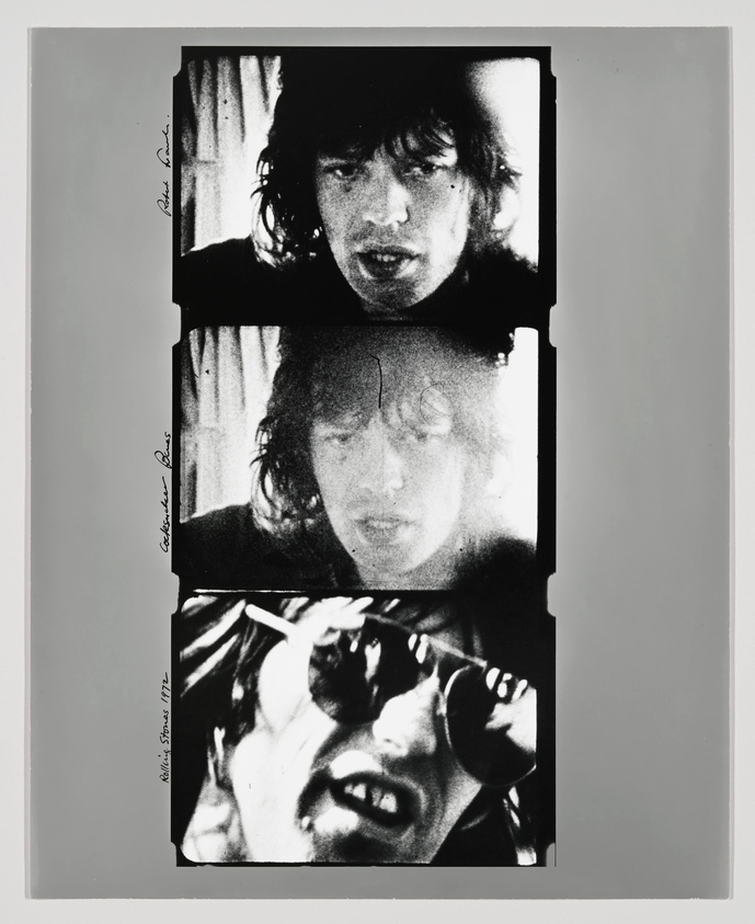 A black and white triptych of a man's face with different expressions: top image shows him with a serious look, middle with a blurred face, and bottom with sunglasses and a grimace. The images are framed with white borders and signed with black ink on the left side.