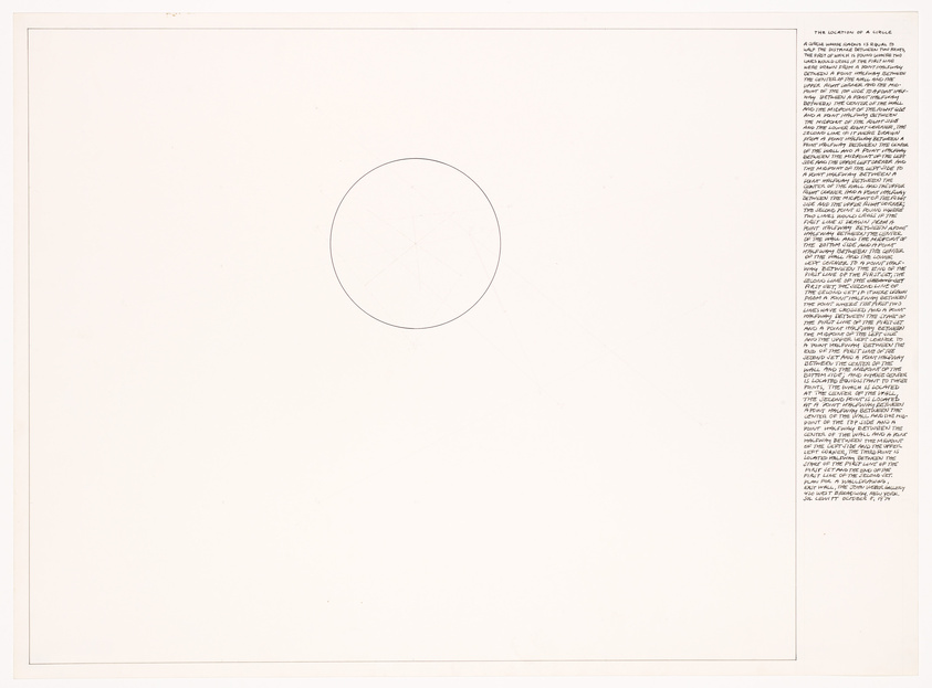 A minimalist artwork featuring a large blank space with a single, central circle outlined in thin black lines towards the left, and a dense block of text aligned to the right edge of the paper. The text appears to be a narrative or poem, but is too small to read in detail. The overall composition is sparse, with a focus on the geometry of the circle and the contrast between the visual simplicity and the textual complexity.