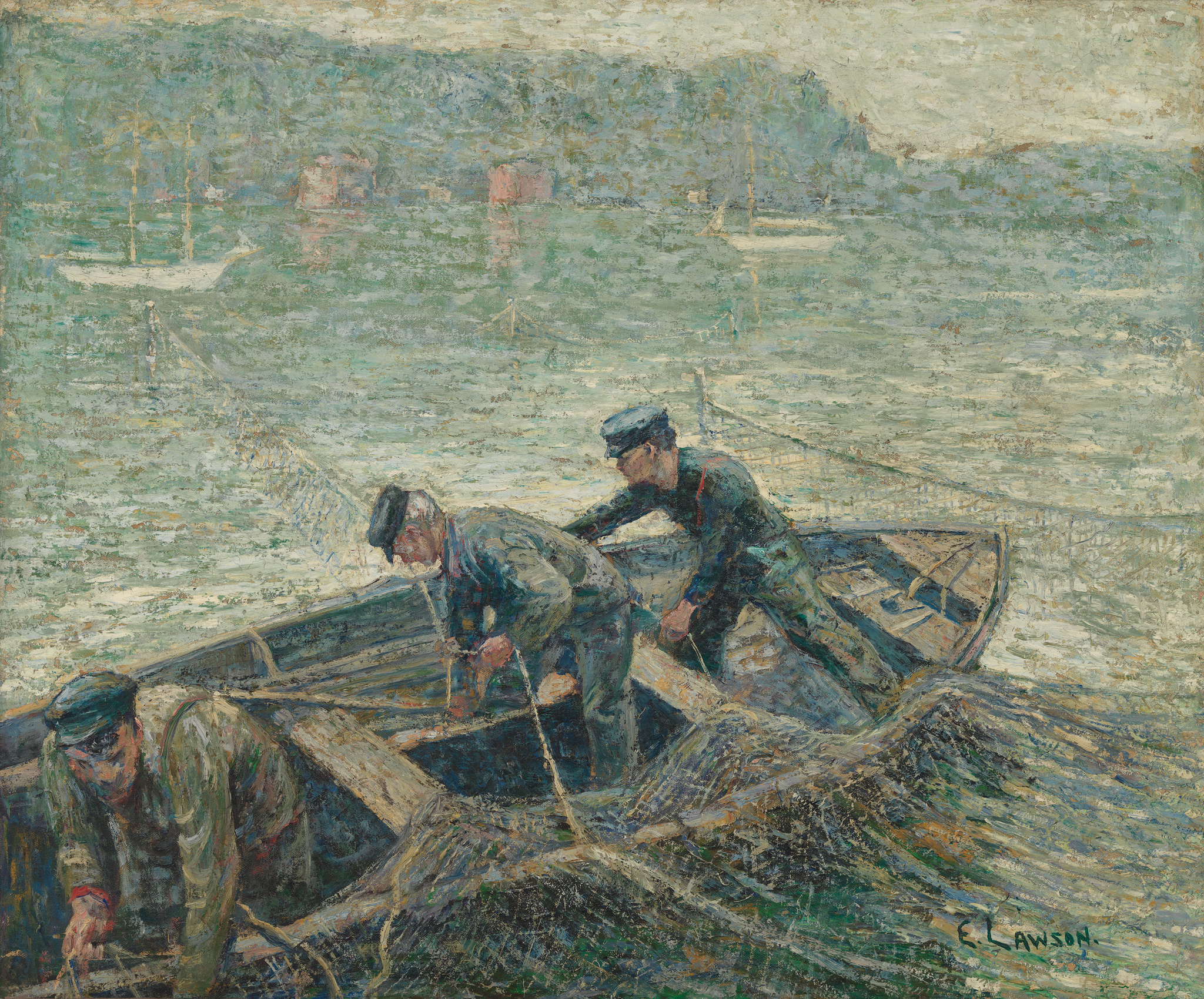 Impressionist-style painting depicting three fishermen working on a small boat, with one man standing at the bow pulling in a net, while the other two are seated and handling the oars. The sea is rendered in textured strokes of blue and green, and hints of a distant shoreline with structures are visible in the background. The artist's signature, "LAWSON," is in the lower right corner.