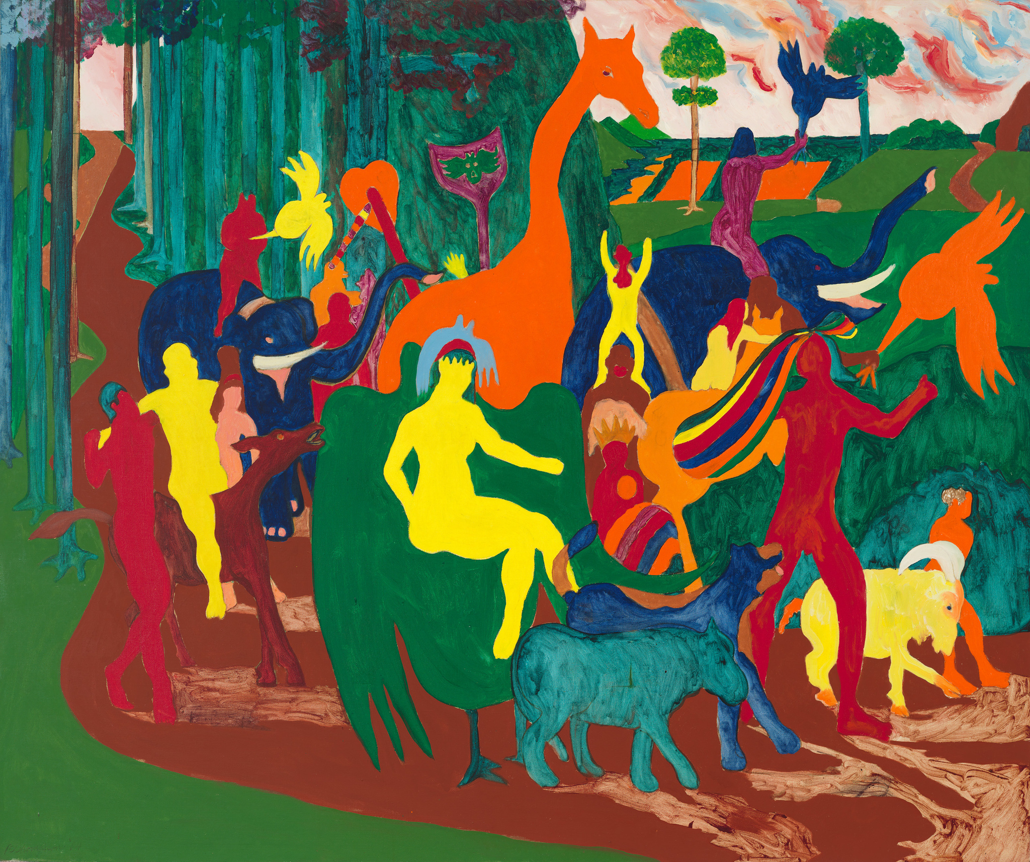 Colorful abstract scene with people and animals in a forest, featuring vibrant reds, yellows, and greens.