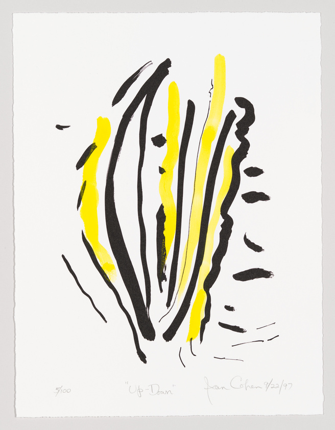 A print featuring abstract black and yellow brush strokes on a white background, with the title "Up-Down" and the artist's signature dated '92/'97 in the lower right corner. The print is numbered 5/100 in the lower left corner.