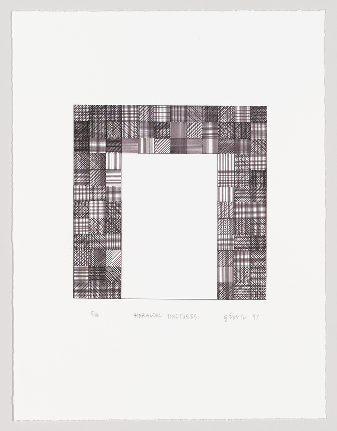 A black and white abstract print featuring a square border with intricate patterns resembling a patchwork or textile design. The center of the image is a blank white square. Below the square, there is handwritten text that reads "5/100 HERALDIC TINCTURES" and a signature with the date '97. The paper has rough edges, indicating it may be a fine art print.
