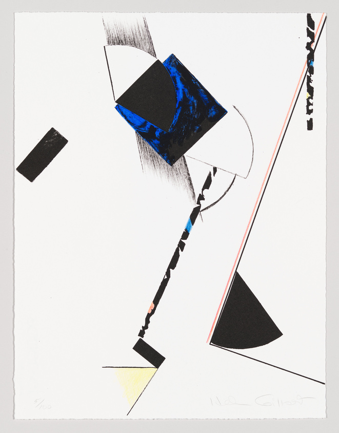 Abstract art print featuring geometric shapes in black and blue with accents of yellow and red, on a white background with visible brush strokes and artist's signature at the bottom.