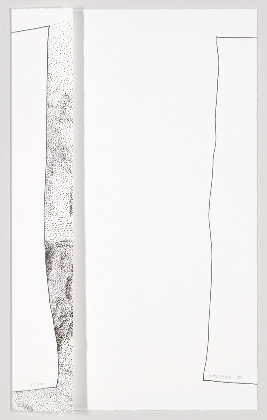 A black and white abstract artwork featuring a central vertical split with a dense cluster of black dots on the left side that fades as it moves towards the center. The right side is mostly blank with a thin, irregular black border. The bottom left corner has a fraction number indicating a limited edition, and the bottom right corner contains a signature and the year '97.