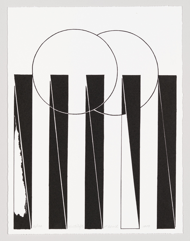 A black and white abstract print featuring two large overlapping circles at the top with vertical black stripes of varying widths below them. The background is white, and there is handwritten text and numbering at the bottom, indicating it's a limited edition piece.
