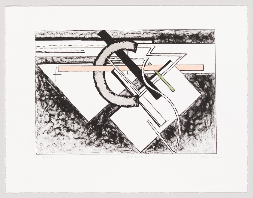 A print featuring an abstract composition with geometric and organic shapes in black, white, and hints of color. The artwork includes textured areas that resemble marble, with overlaid linear elements and shapes suggesting depth and movement. The piece is numbered and signed by the artist in pencil at the bottom.
