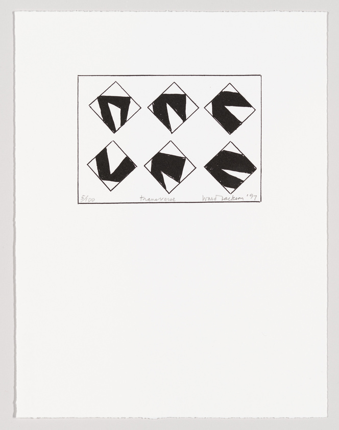 A black and white abstract print featuring a series of diamond shapes arranged in two rows, with each diamond containing geometric patterns in black ink. The print is numbered and signed by the artist, with the title "transverse" and the year '97 written in the lower margin.