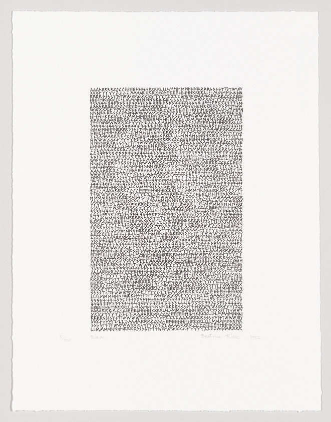 A black and white abstract print featuring a dense arrangement of hand-drawn letters and symbols forming a rectangular shape on a white background. The artwork is signed and numbered at the bottom, indicating it is part of a limited series.