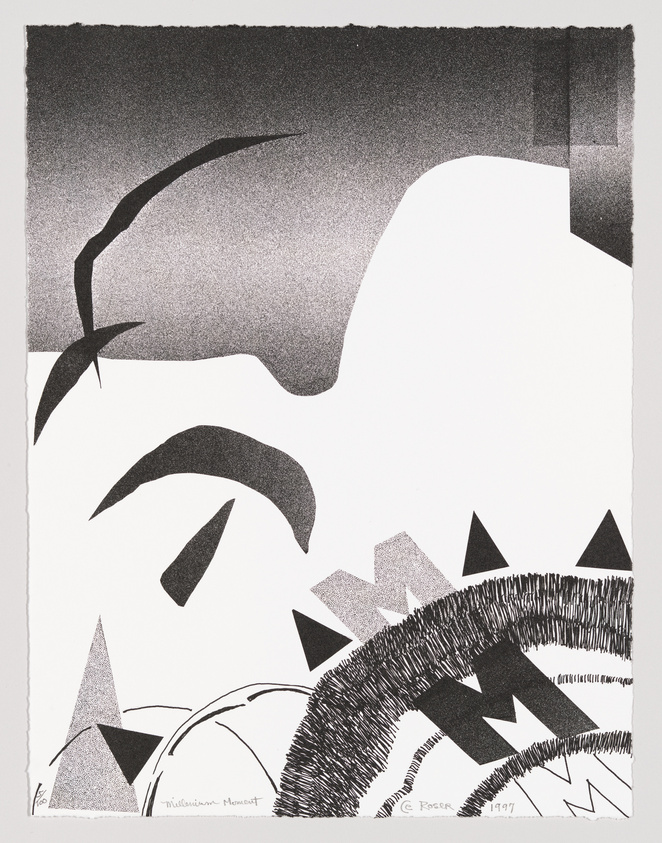 A black and white abstract print featuring a variety of shapes and textures. The upper portion is dominated by a dark, textured area with smooth, curved lines cutting through it. Below, contrasting shapes such as triangles and jagged forms are scattered around, with a large, textured, arch-like shape dominating the lower center. The artwork is signed and dated at the bottom.