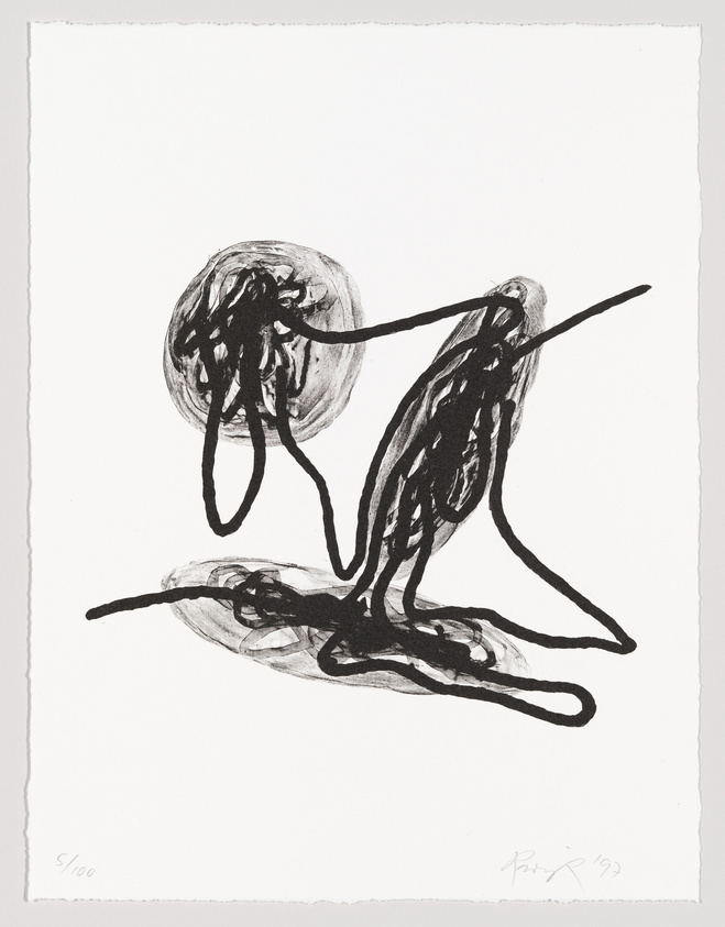 A black and white abstract print featuring two circular forms connected by thick, dark lines that resemble tangled strings or organic matter. The background is plain white, and there are signatures and edition numbers at the bottom, indicating it's a piece of limited edition artwork.