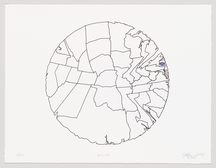 A black and white line drawing of a circular map, possibly representing a polar projection of the Earth, with sections that resemble political boundaries. The map is centered on the North Pole, with parts of North America, Europe, and Asia visible. There are handwritten inscriptions at the bottom left and right corners, and a small portion of the map is colored in blue.