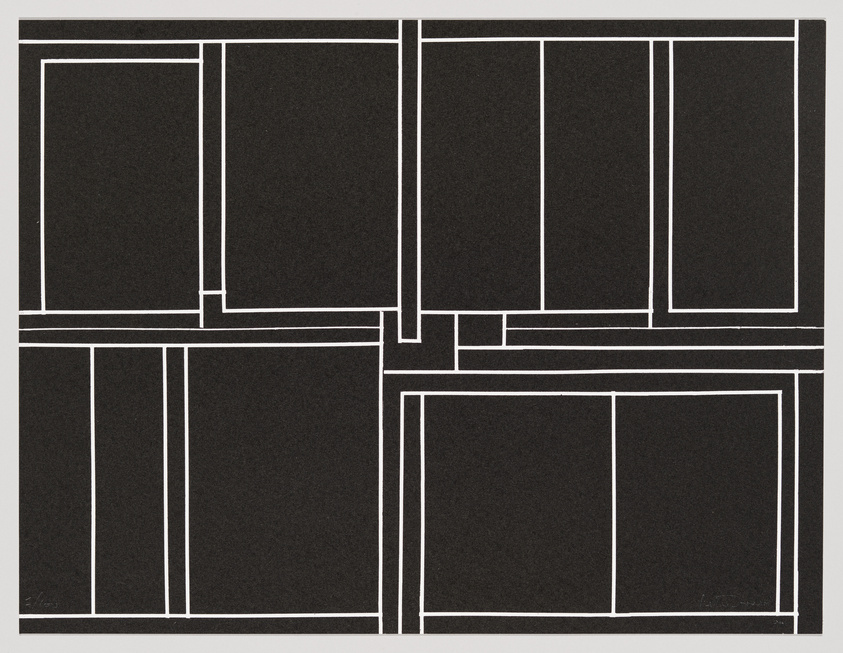 A geometric abstract artwork featuring a series of white lines creating various sized rectangles on a black background, resembling an architectural blueprint or a minimalist composition.