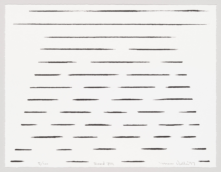 A monochrome artwork featuring multiple horizontal black lines of varying lengths and densities on a white background. The lines are arranged in a grid-like pattern but with irregular spacing and alignment. There is handwritten text at the bottom left corner indicating "5/100" and "Sound 8PM," and at the bottom right corner, there is a signature with the date '97.