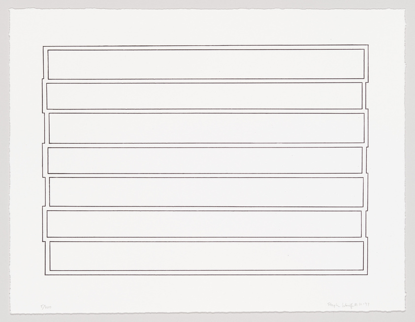 A minimalist artwork featuring a series of seven horizontal rectangles evenly spaced apart, creating a stacked appearance on a white background. Each rectangle has a double line border, and the image includes a signature and date in the lower right corner.