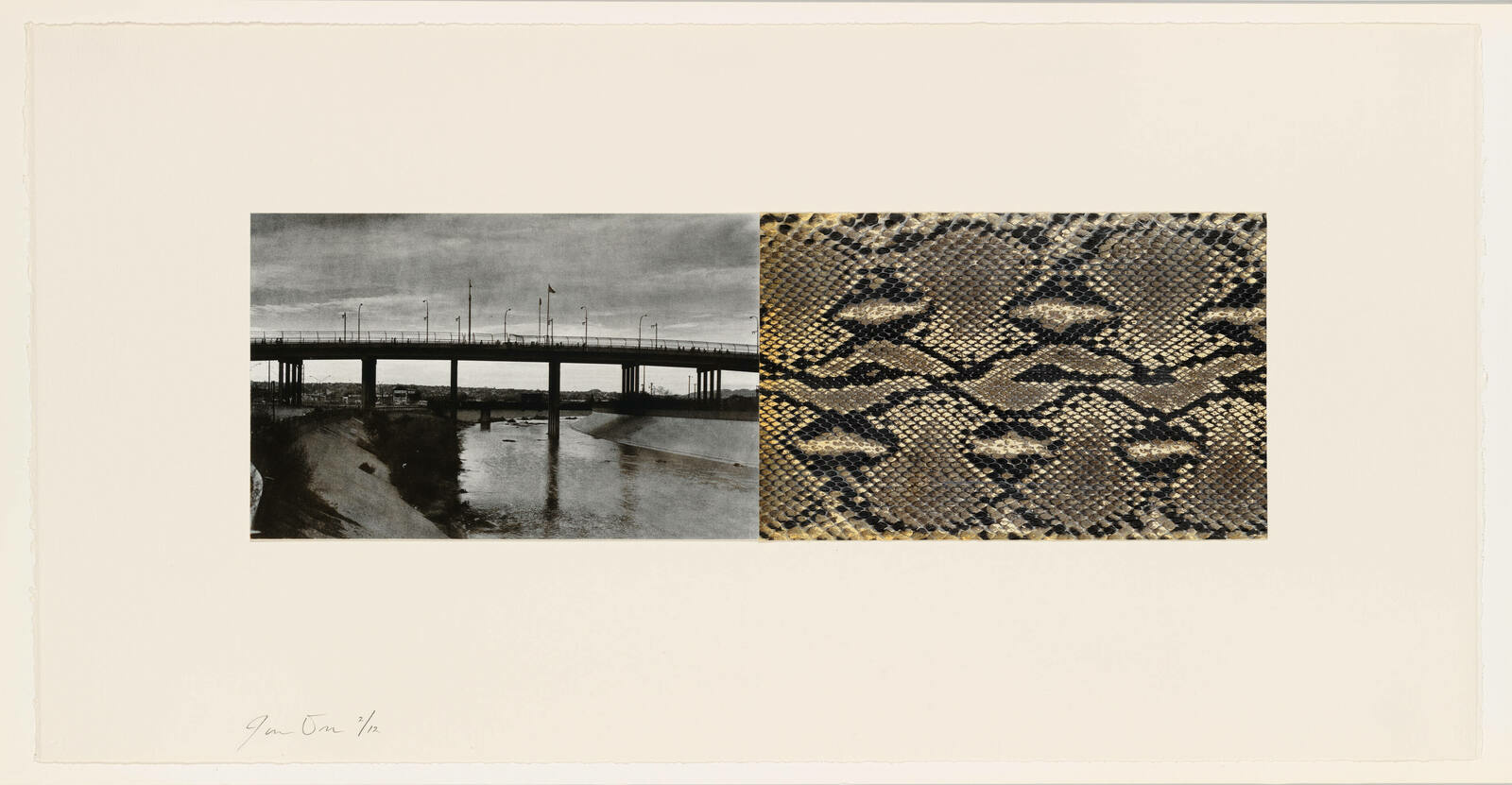 A mixed media artwork featuring two contrasting images: on the left, a black and white photograph of a bridge over a body of water with a cloudy sky above, and on the right, a close-up of a textured surface resembling snake skin in shades of brown and black. The piece is signed and numbered on the bottom left.