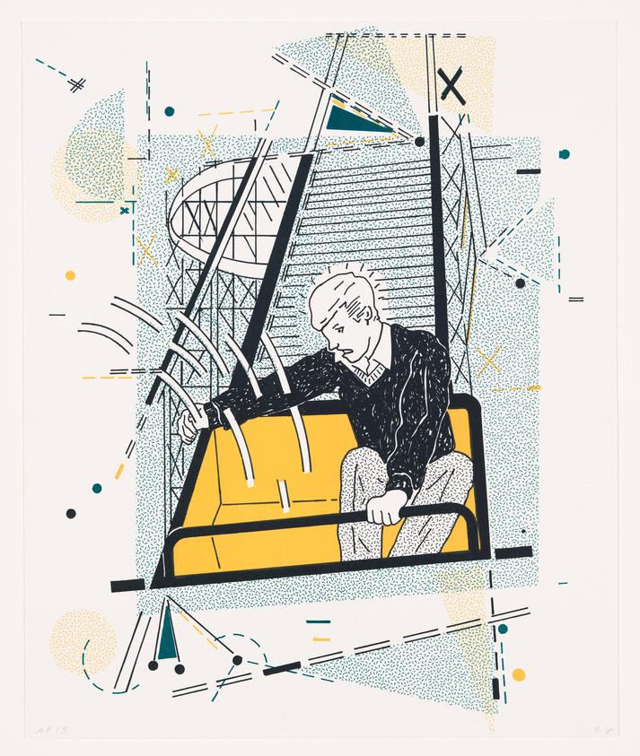 Graphic artwork depicting a stylized person sitting in a roller coaster car, with abstract geometric shapes and lines in the background suggesting motion and excitement. The image features a limited color palette with yellow, black, and blue as primary colors.