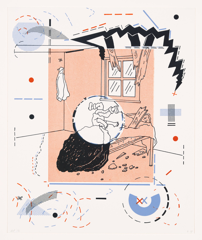 A colorful abstract artwork featuring a mix of geometric and organic shapes, lines, and patterns. Central to the composition is a large circle containing a sketch of a reclining figure, overlaid on a grid pattern that extends to the background. The grid is intersected by a jagged black line resembling a crack. Various elements such as a stylized bird, a window with curtains, and scattered abstract motifs in blue, orange, and black are dispersed throughout the image. The piece has a dynamic and fragmented appearance, suggesting a collage of different visual ideas.