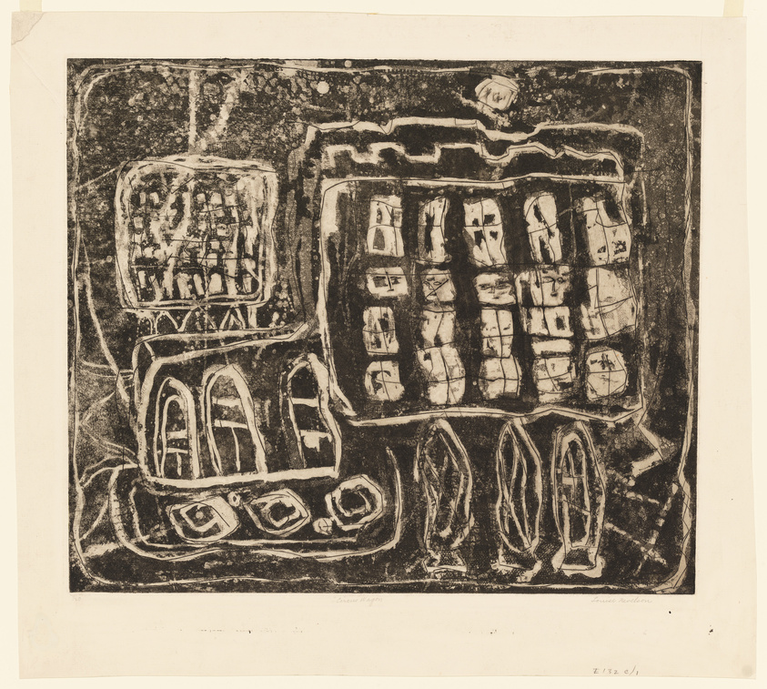 An abstract black and white etching featuring a composition of various geometric and organic shapes that resemble a distorted architectural form or a schematic diagram. The image has a textured background with two prominent rectangular sections filled with grid-like patterns and symbols.