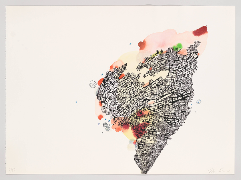 A colorful abstract artwork featuring a dense cluster of black and white buildings in a roughly triangular shape, with splashes of red, yellow, and green watercolor-like accents. The background is white with a few scattered blue star-like symbols and circular shapes resembling moons or planets. The bottom left corner has a fraction number indicating the print edition, and the bottom right corner contains the artist's signature.