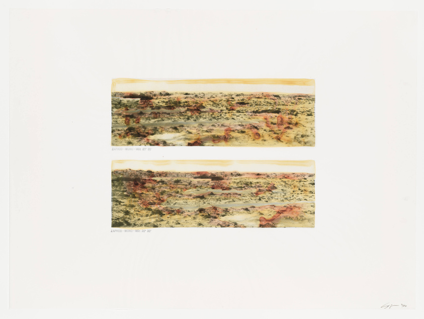 This image displays two identical strips of film negatives with a landscape scene, featuring what appears to be a rocky terrain with patches of vegetation. The negatives are set against a white background, and there is text beneath each strip indicating technical details. The artist's signature and the year '90 are visible in the lower right corner.