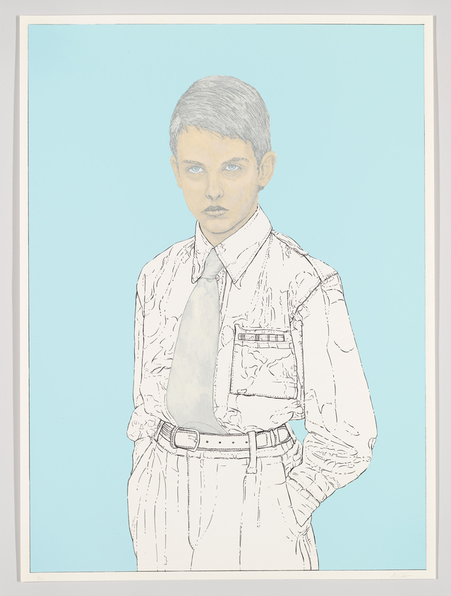Illustration of a young person with short hair, wearing a buttoned-up shirt and trousers with a belt, standing against a light blue background. The image has a sketched, incomplete look with some color details on a predominantly white figure.